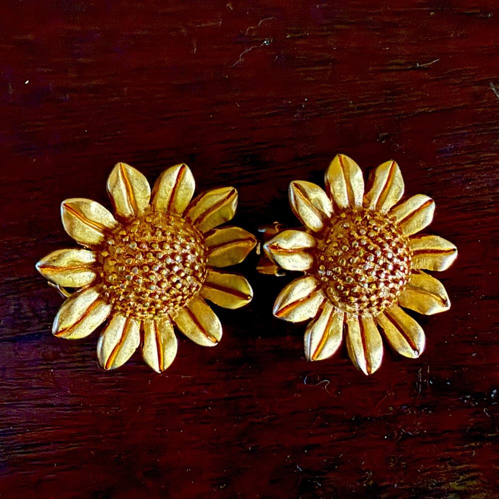 Gold Tone Sunflower Clip Earrings